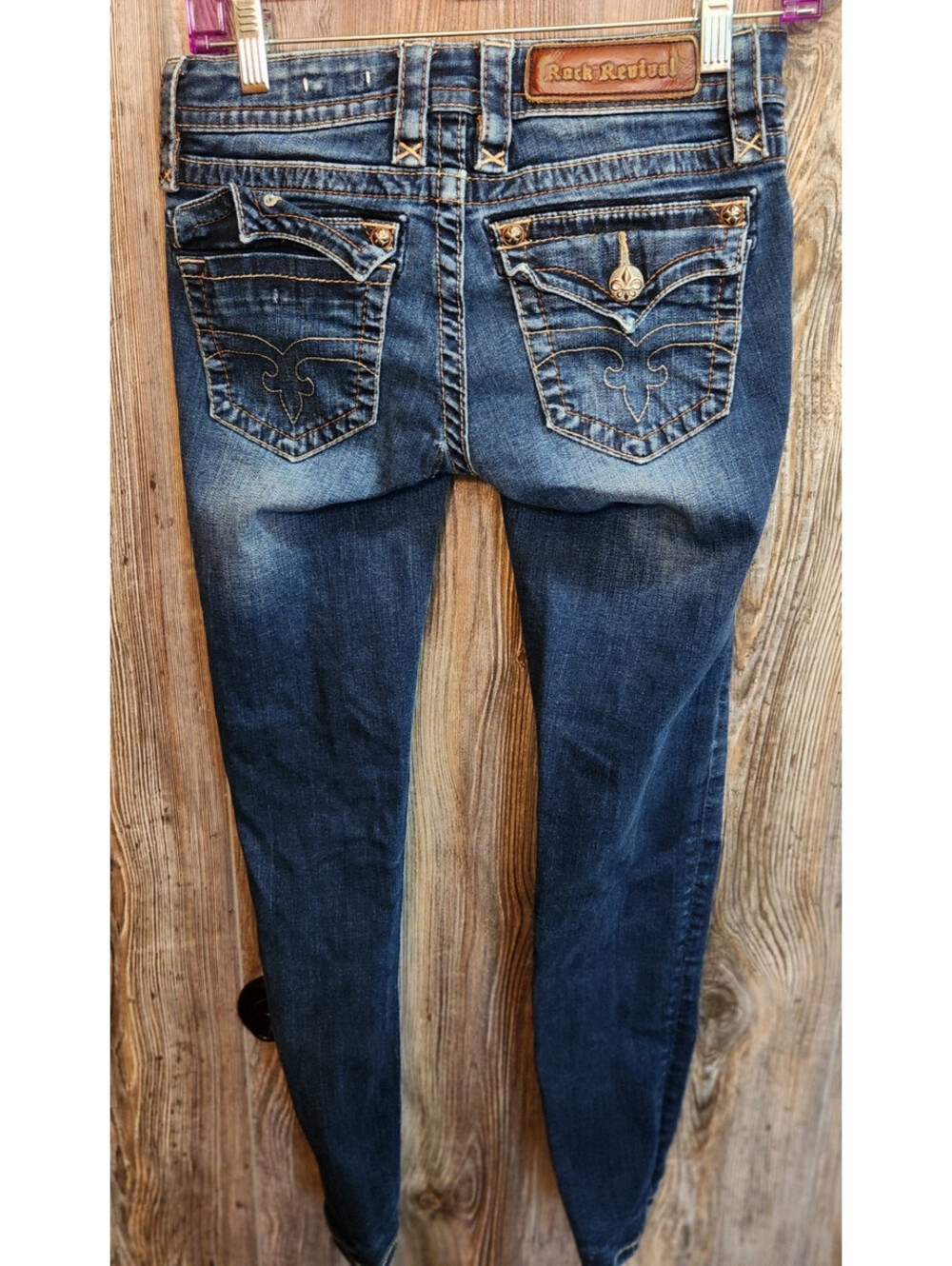 Rock Revival "Jessica" Women Skinny Blue Jeans Sz 26 (27x29) Leather Badge DMGD